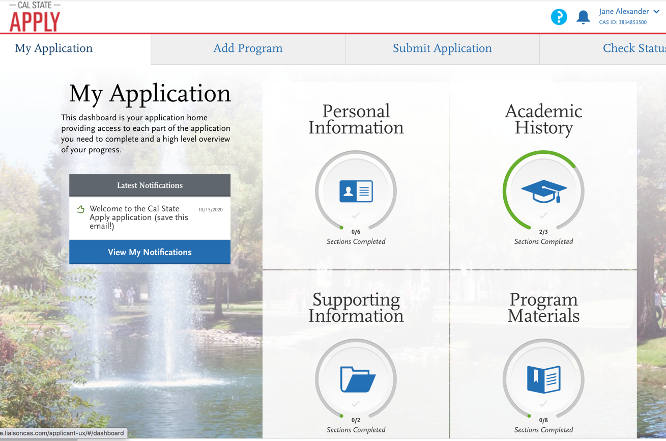 Screenshot of the application process on CSU program website